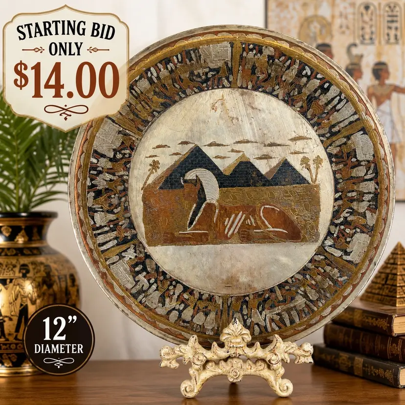 Vintage Egyptian Hammered Copper Brass Silver Wall Plate 12” Sphinx Pyramids Handcrafted