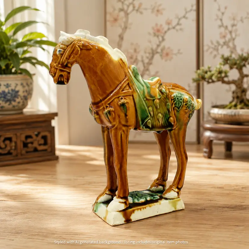 Vintage Chinese Tang Style Warrior Horse Figurine Ceramic Sancai Asian Decor