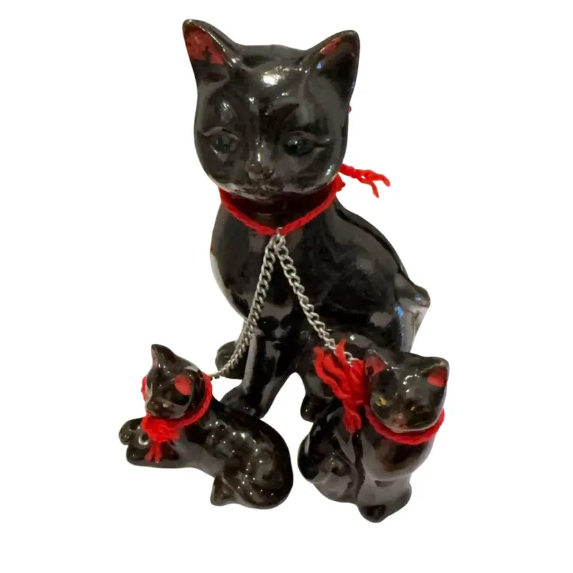 Vintage Black Cat Redware Family Trio (READ)