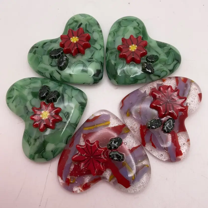 Made by Me! Fused Glass Pocket Heart Christmas Poinsettia1.75” Handcrafted Studio Art