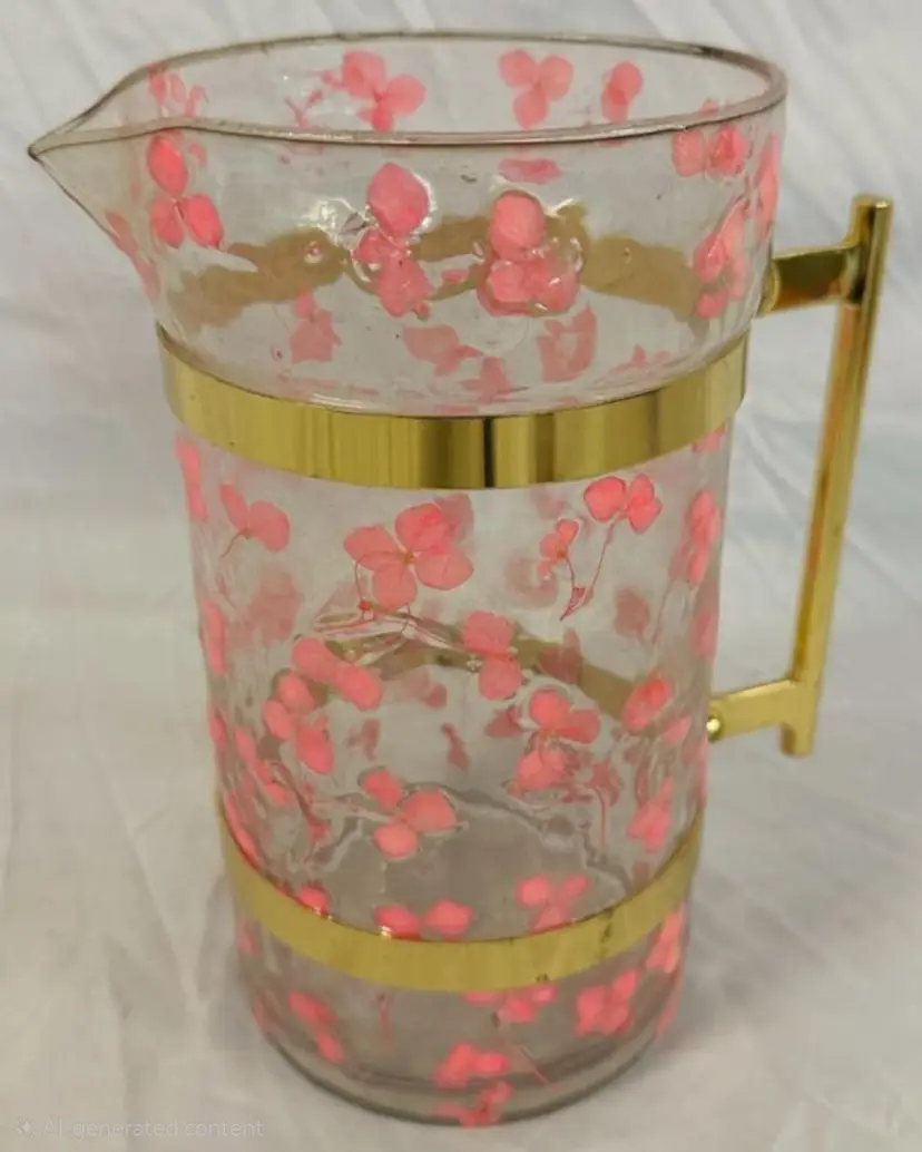 Vintage Glass Water Pitcher with Pink Floral Design and Gold Metal Handle