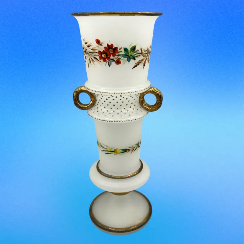 19thC Bohemian French Opaline Milk Glass Footed Vase Hand Painted Floral 11”x 4”