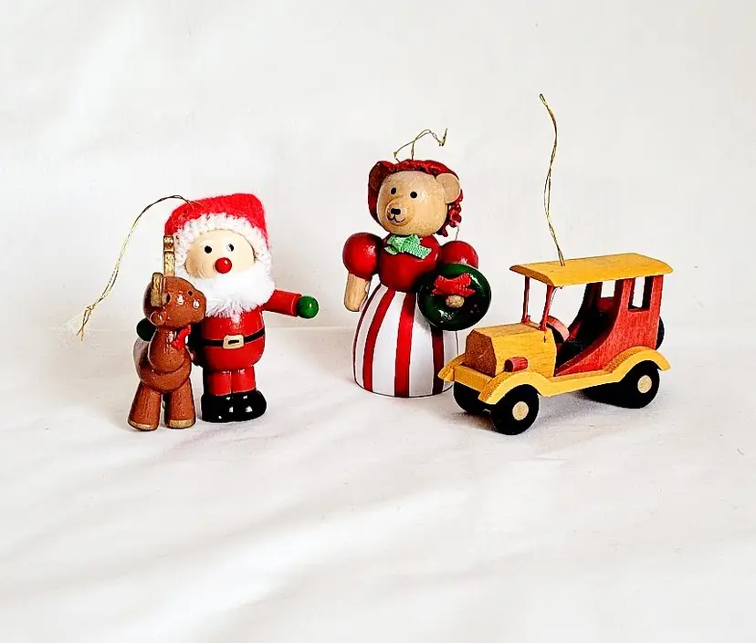 Vintage Wooden Christmas Ornaments - Santa, Bear, Car