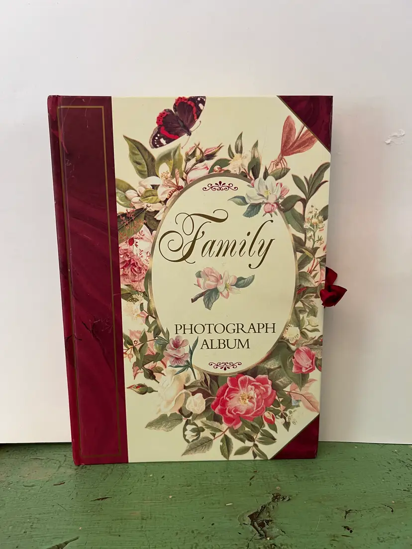 Victorian Family Photo Album, Floral Design, Ribbon Tie, 45 Picture Slots. Vintage Scrapbook