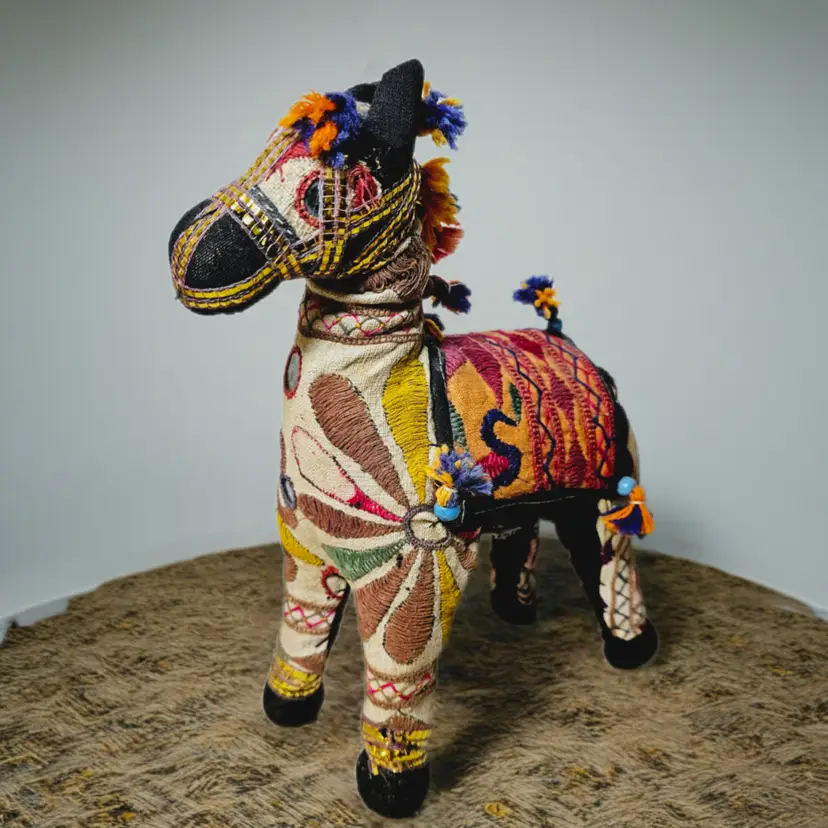 Vintage Indian Rajasthani Embroidered Fabric Horse Handmade Folk Art Decor