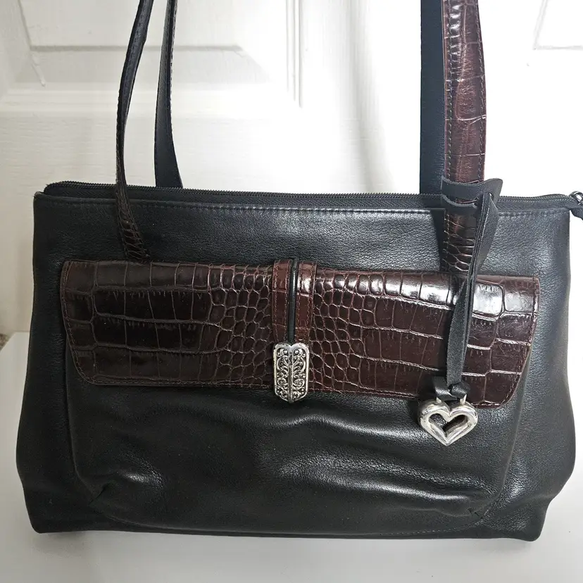 Brighton Black Brown Medium Large Leather Satchel Purse Shoulder Bag Heart Charm