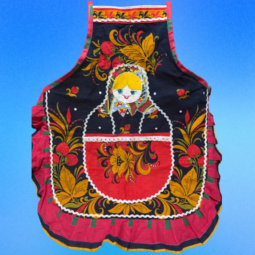 Hand Made Vintage Russian Matryoshka Doll Patchwork Kitchen Apron 28x18”