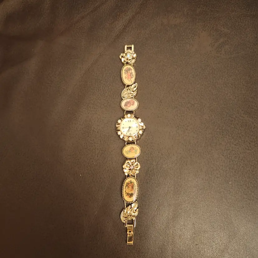 Vintage Gold Charm Victorian Revival Bracelet Rhinestone Cherub Watch Dainty