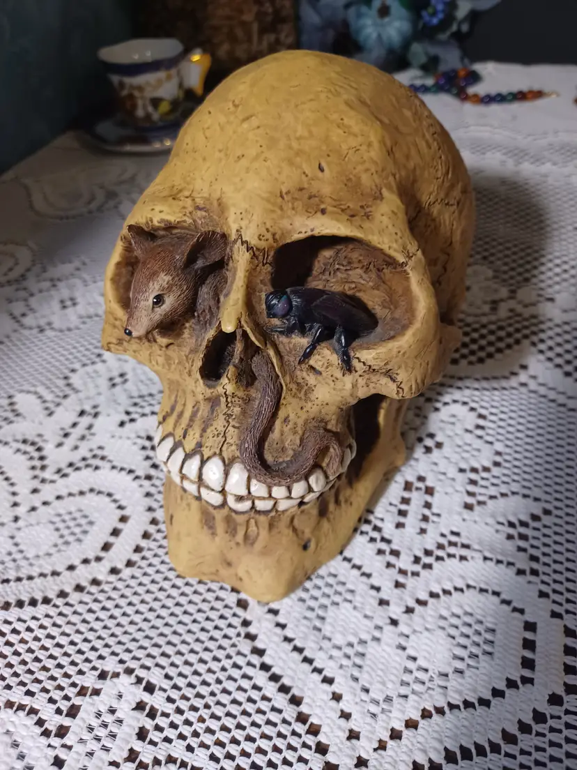 Resin Skull Bank Figure with mouse and bug