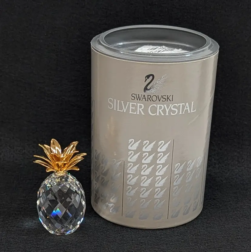 Vintage Swarovski Crystal Small Pineapple with Smooth Gold Leaves Signed w/ Box