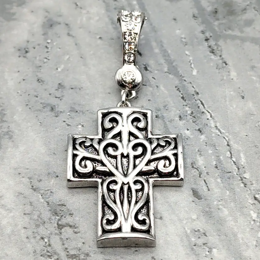 Silver Tone Filigree Cross Rhinestones Magnetic Closure Pendant Marked A