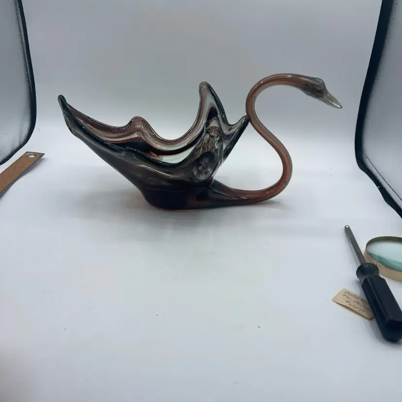 Blown Glass Swan Figurine Centerpiece Hand Blown Blue Amber MCM 12”