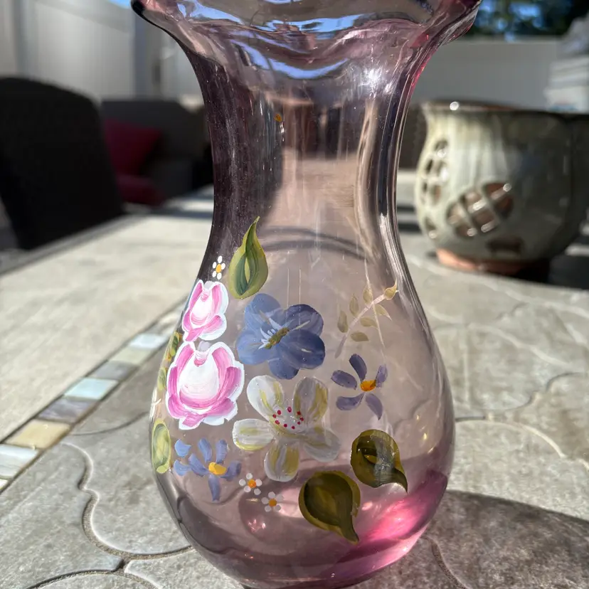 Fenton For Teleflora Amethyst Purple Glass Vase Hand Painted Floral Ruffled Rim