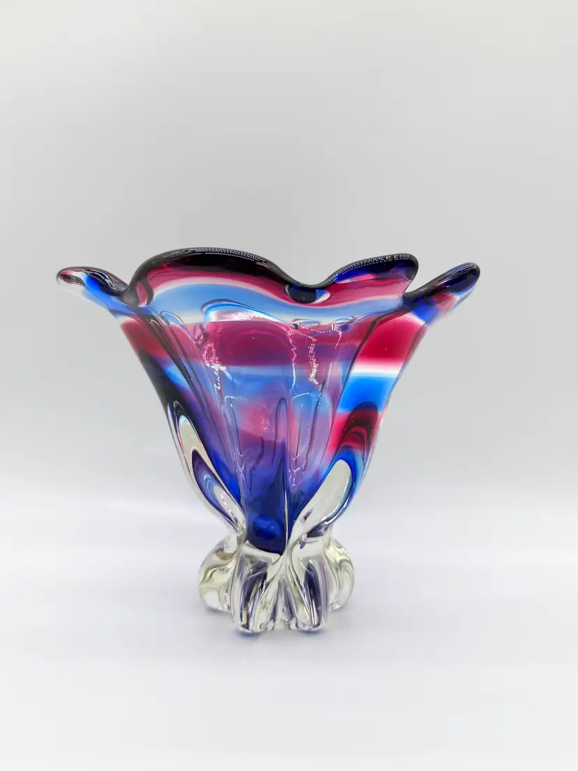 Josef Hospodka Czechoslovakia Pink Blue Swirls Blown Glass Vase Chribska