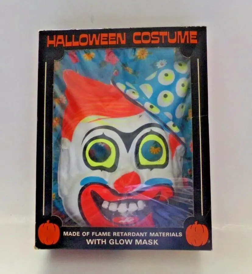 Vintage Bland Charnas Glow Mask Clown Halloween Costume, Orig Box 1950s Sz 12-14