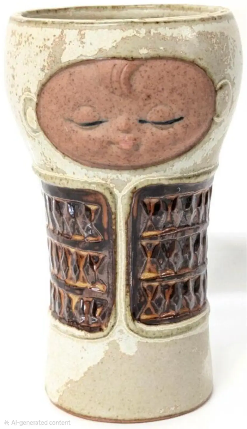 Vintage MCM UCTCI Japan Baby Face Brown Taupe Pottery Tumbler / Vase, 5" No Chips or Cracks