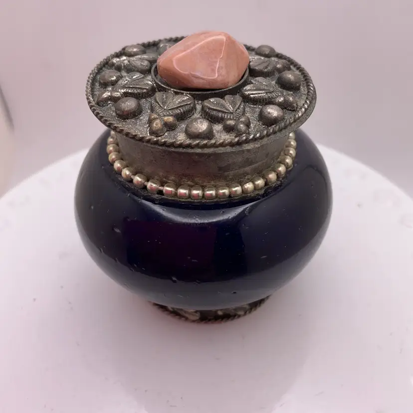 POW1 Cobalt Blue Glass Trinket Box Jar with Stone on Metal Lid 2" India