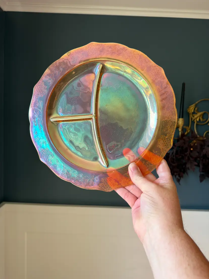 #11 1930s Federal Marigold Iridescent Carnival Glass Large Divided Plate 12"