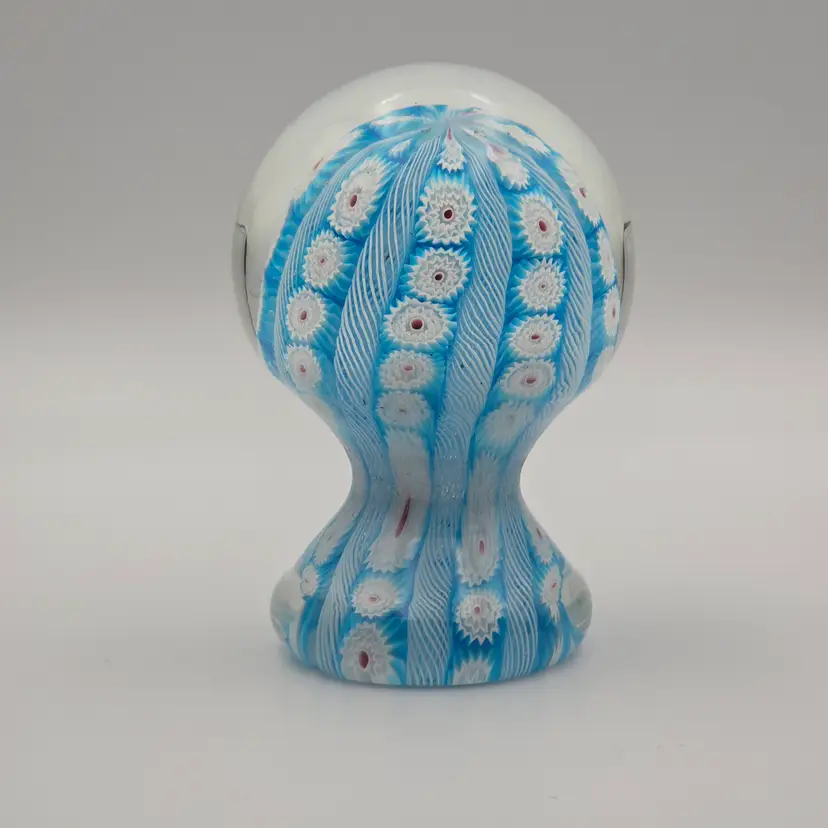 Mid-Century Murano Glass Paperweight With Blue and White Millefiori and Latticino Crown-On-Pedestal