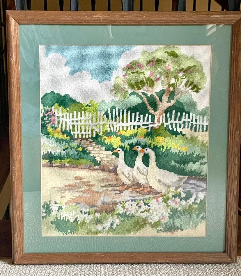 Cottage Core Framed Finished Needlepoint Geese In A Country Garden Vintage