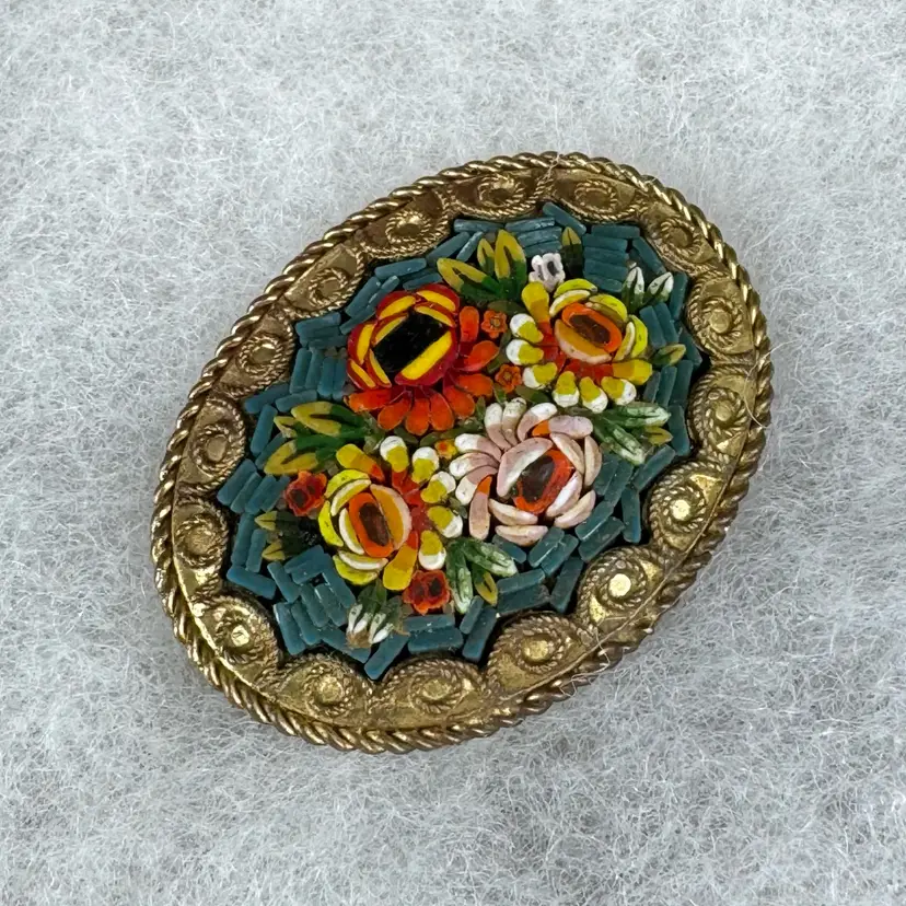 Italian Micro-Mosaic Floral Brooch Featuring Multicolored Flowers