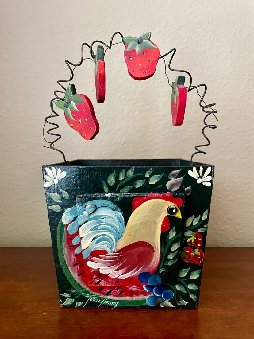 Hand Painted Signed Tole-Style Decorative Handled Storage Container Rooster Strawberries