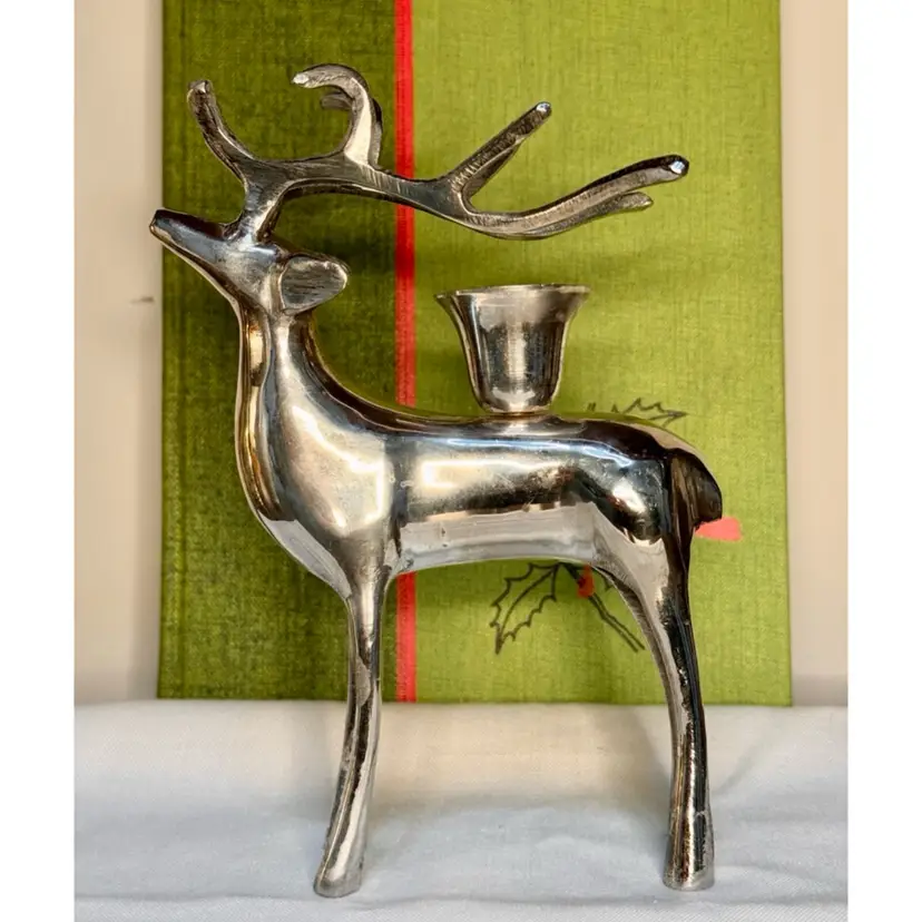 😻 7” Vintage Pottery Barn silver-plated reindeer taper candle holder
