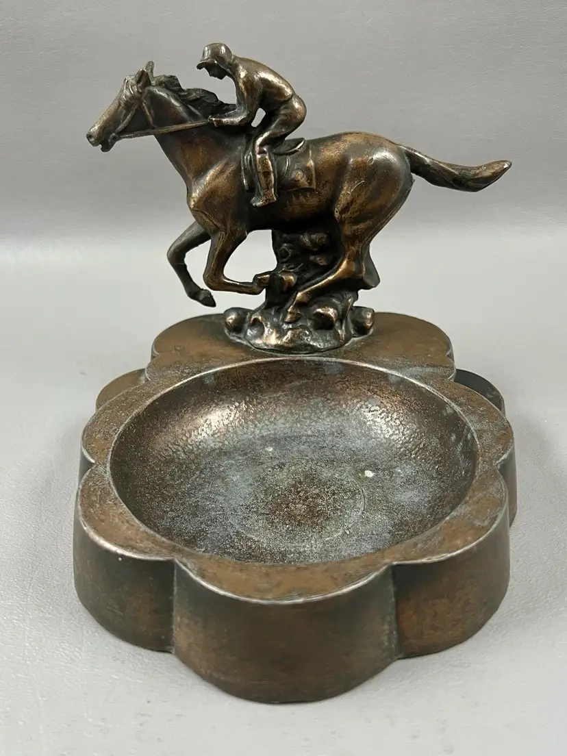 Vintage Horse Racing Jockey Ashtray Cast Metal Equestrian Bronzed Sculpture