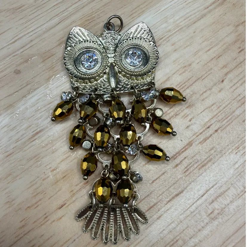 🐞Vtg Articulated Owl Pendant Necklace with Amber Bead Feathers & Rhinestone Eyes