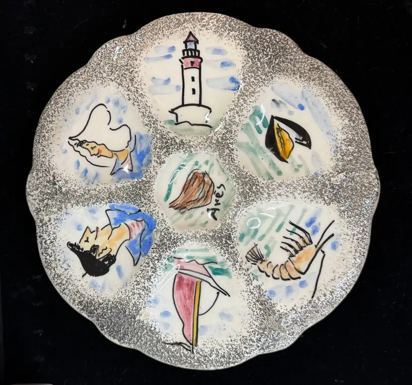 Vintage French Hand Painted Nautical Oyster Plate Lighthouse Sailboats 9.5"A1250