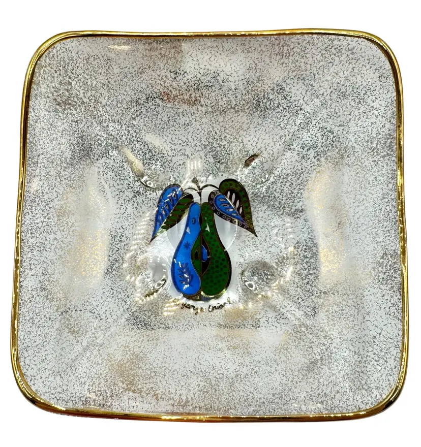 Vintage Georges Briard Glass Bowl Dish Forbidden Fruit Pear Green Blue Gold MCM