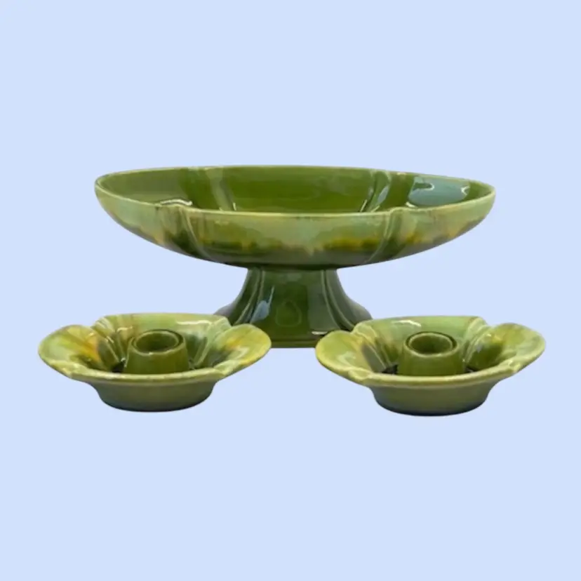 #310- Vintage Haeger 3pc Console Set Compote & Candleholder Pottery 1940-1970s