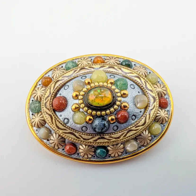 MICHAL GOLAN Oval Gold Tone Mixed Material and Gemstone Brooch/Pendant