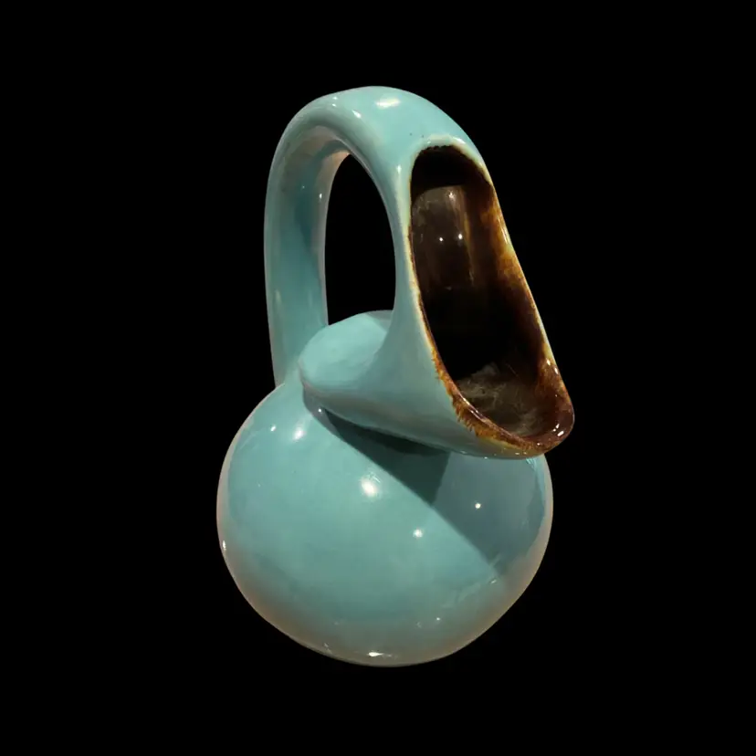 Vintage planter - MCM aqua blue w/brown miniature pitcher