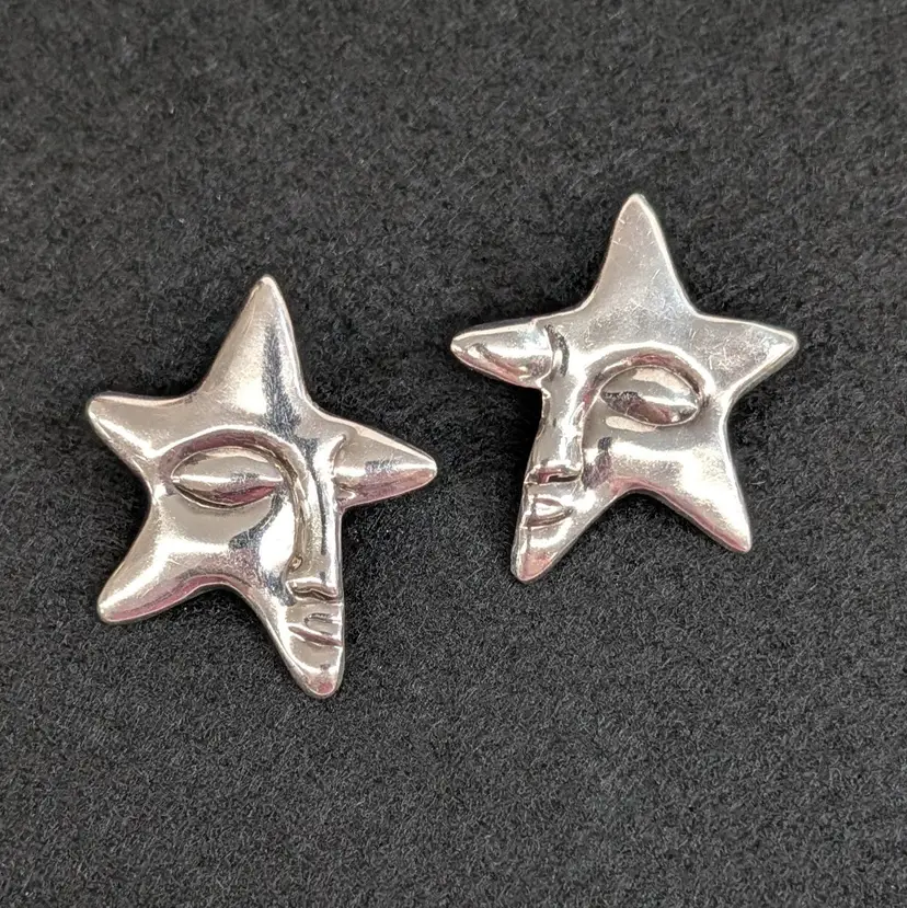 Vintage Puffy Star with Face Post Earrings Sterling Silver 925 Modernist Celestial