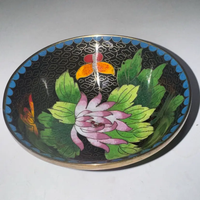 Cloisonne Enamel Brass Trinket Bowl Floral Butterfly Design 1960s 4.25” diameter