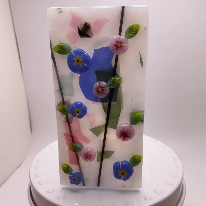Made by Me! Fused Glass Tea Light 3D Pink & Blue Flowers 4" x 2" x 2" Studio Art Handmade