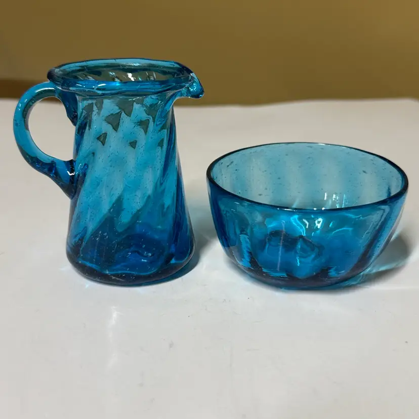 Handblown Blue Glass Pitcher and Bowl Set 3.25”
