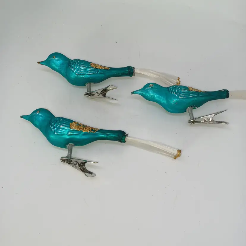 TURQUOISE MINI BIRD VOGEL GERMAN BLOWN GLASS CHRISTMAS CLIP ON ORNAMENT SET OF 3
