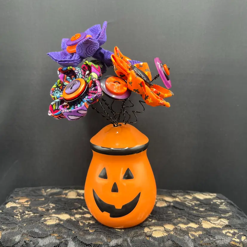 Made By Me Fabric And Vintage Button Flowers In Pumpkin Shaker 6.5” x 4”