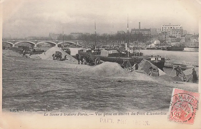 Antique Paris France Postcard Seine River Pont d'Austerlitz Boats Street Scene