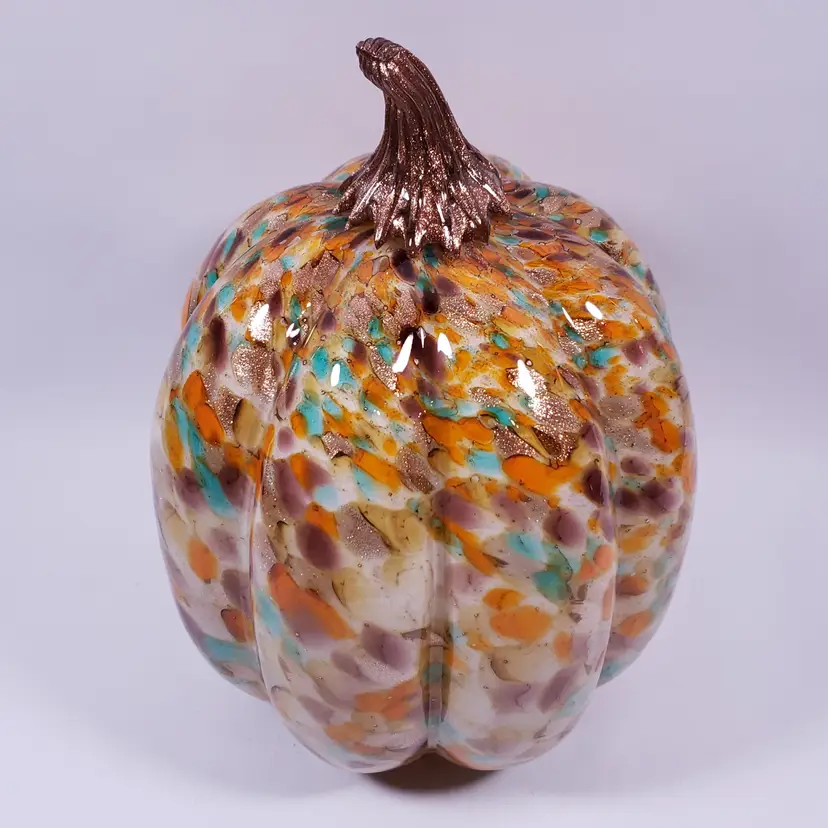 LARGE 11" Aqua Orange Aventurine Fall Decor Hand Blown ART GLASS PUMPKIN