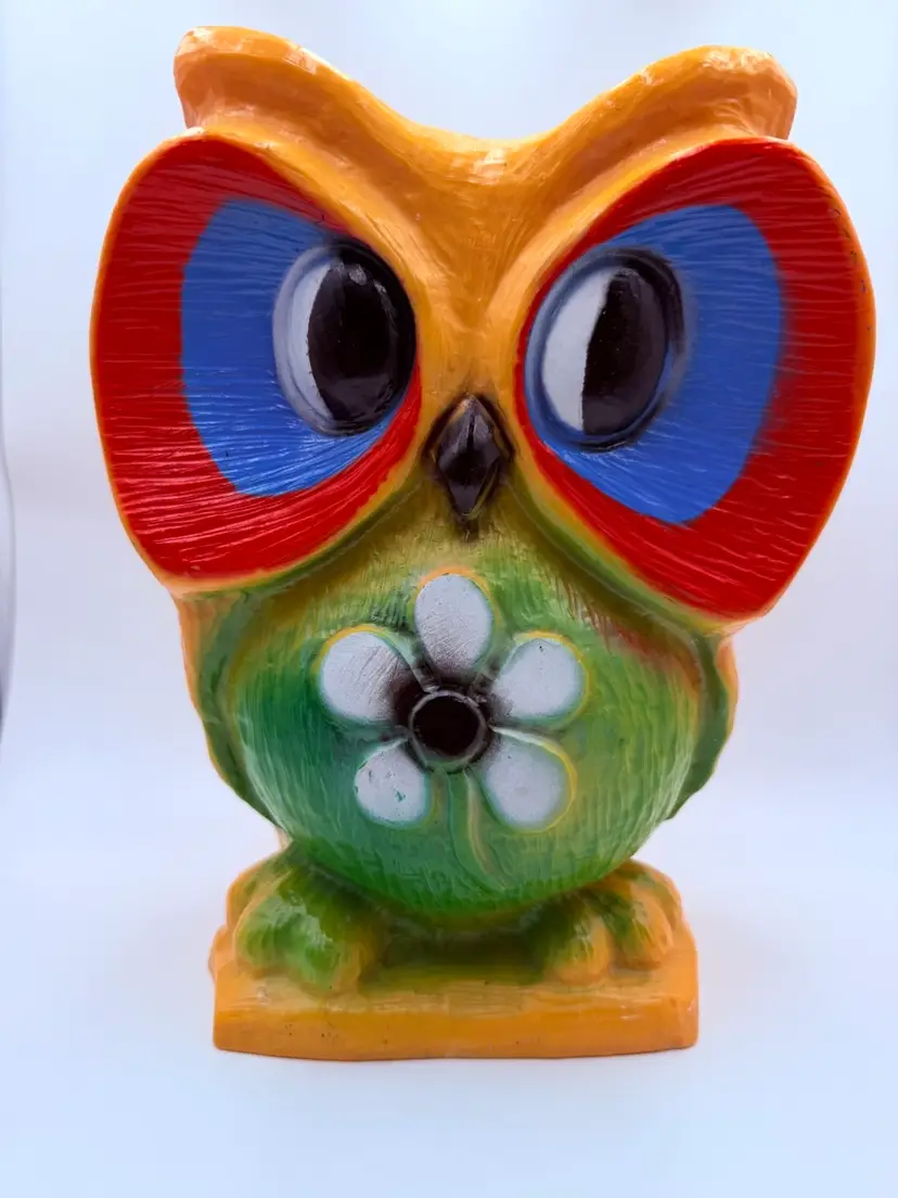 Molded Plastic 1971 Hand-Painted Owl Bank - Made in USA