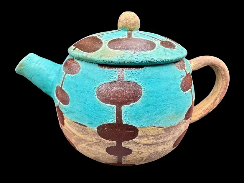 Signed Studio Art Pottery Teapot Turquoise Aqua Blue Brown MCM Mod Style 3 Cup