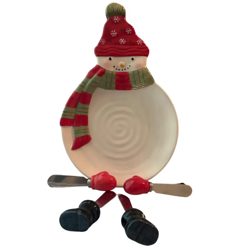 Hallmark Snowman Cheeseball Plate & 4 Spreader Set- 10”H x 6 1/2” W
