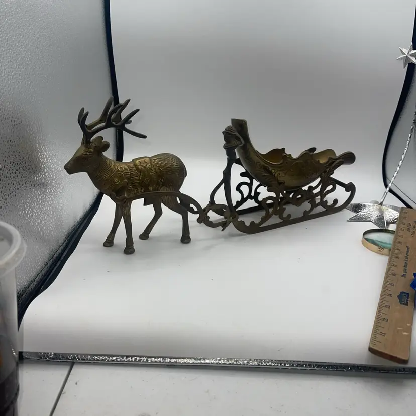Large Brass Reindeer and Sleigh Solid Brass 19” Long