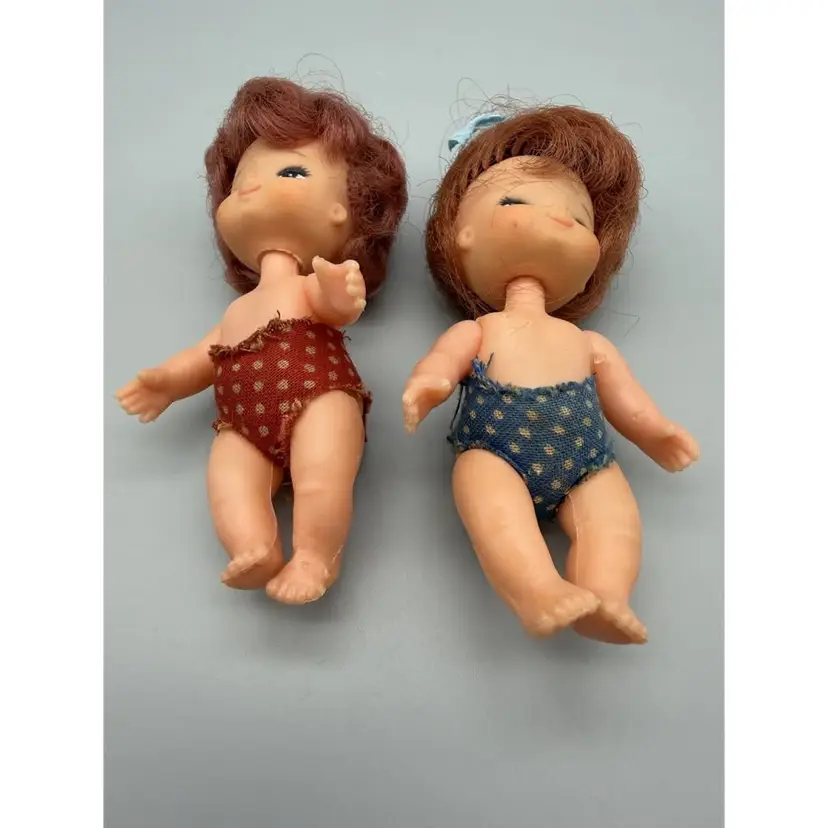 Vintage Small Baby Dolls Red Auburn Hair Blue Eyes Pair Plastic Rubber Hong Kong