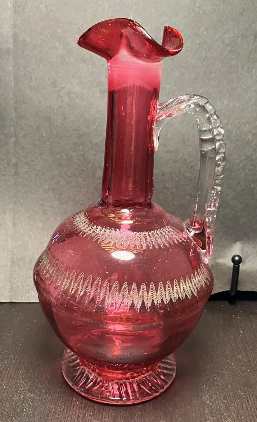 VTG Handblown Cranberry Glass Decanter Ruffled Rim Missing Stopper