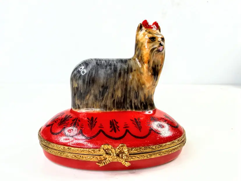 Artoria Limoges France Yorkie Dog Porcelain Trinket Box Red Pillow A1050