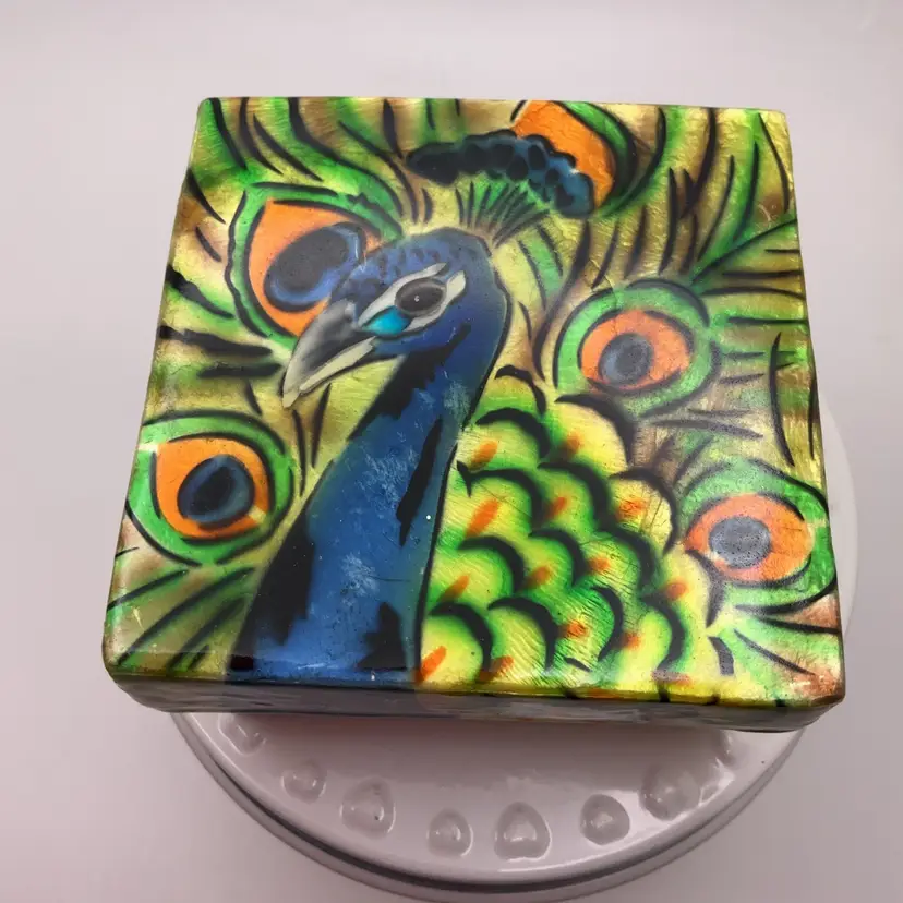POW1 Capiz Oyster Shell Trinket Box with Lid Peacock Decoration 3” x 3” x 1.75" Iridescent
